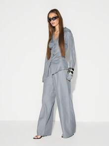 KIZN 高腰阔腿条纹阔腿裤，腰部配有抽绳，适合休闲办公室穿着 - 彩色 - 查看 3