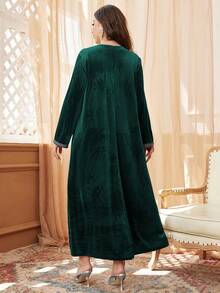 Al Najma Plus Size Women's Casual Velvet V-Neck Lace Trim Long Sleeve Loose Dress, Suitable For Autumn/Winter, Casual Modest Maxi Jalabiya Arabian Dresses, For Casual Daily