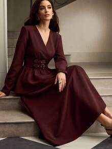 ZEYLAH 女式束腰 V 领长袖上衣和裙子两件套，秋冬 - 酒紅色 - 查看 7