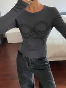 DAZY 女式纯色修身圆领长袖蝴蝶结休闲T恤，秋冬 - 灰色 - 查看 1