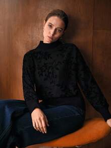 MOTF PREMIUM Femmes Couleur Unie Velours Dentelle Col Rond Manches Longues Tricot Pull, Automne/Hiver - Noir - Voir 2