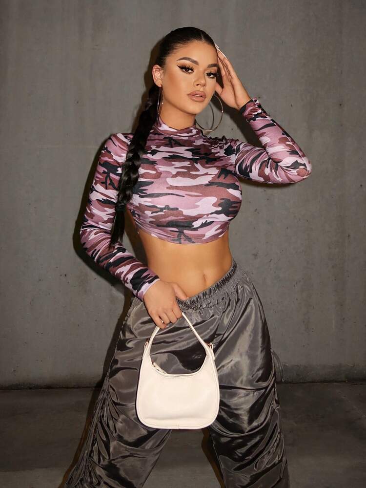 3pcs Camo Print Tee Ladies' Camouflage Print Stand Collar Cropped T-Shirt Backless Daily Leisure Music Festival