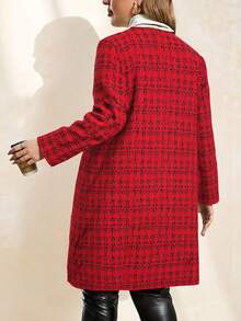 SHEIN Clasi Plus Size Women Winter Jacket, Faux Tweed Pattern, Front Open Long Sleeve, With Pearl Buttons And Pockets/Christmas - Red - View 2