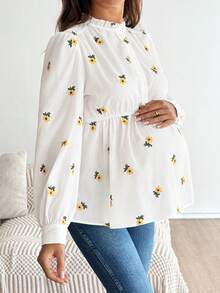 SHEIN Nursing Raglan Long Sleeve Ruched Stand Collar Sunflower All-Over Print Ruffle Hem Top