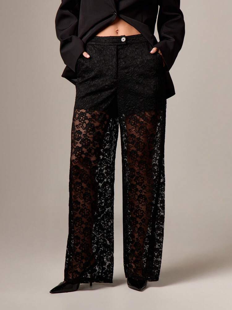 AiiRZ Wide Leg High Rise Palazzo Pants With Intricate Floral Lace Overlay For Evening Occasions