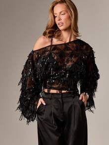 AiiRZ Sequin Fringe One Shoulder Long Sleeve Party Mesh Top With Tassel Detail - Black - View 6