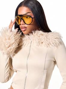 SUMWON WOMEN Cropped Fur Trim Jacket With Zip Closure And Feather Details Winter Outerwear Fashion Statement Piece - Apricot - View 5