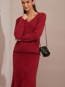 Enchnt Winterromantisches zweiteiliges Damen-Set: Rotes V-Ausschnitt-Top mit langen Ärmeln und Rock. Schick und elegant für Alltag und Freizeit, Halloween-Kostüm, Weihnachtskleidung, elegantes Winter-Set, rotes Set, Winteroutfit für Damen, Silvesterkleidung. - Bordeaux - Übersicht 4