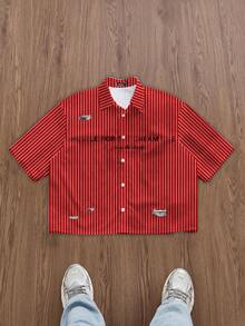 Manfinity Roghcode Men's Letter Striped Short Sleeve Single-Breasted Casual Cropped Shirt