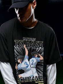 Captain Tsubasa X SHEIN 男士休闲字母和图案短袖 T 恤，夏季 - 黑色 - 查看 5