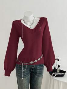 Elamini Áo len tay loe cổ chữ V trơn màu thường ngày cho nữ, mùa thu/đông - Đỏ - Xem 4
