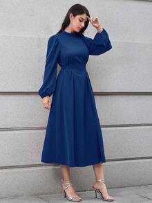 Modelyn 女士纯色灯笼优雅长款系带连衣裙 - 藏蓝色 - 查看 3