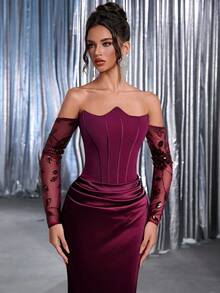 Glamrae Elegant Pink Strapless Asymmetric Neckline(Detachable)Luxurious Mesh Sequin Long Sleeve Ruched Satin Mermaid Tail Gown For Wedding Evening Party - Burgundy - View 3