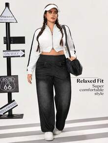 Flexra Quần jean ống đứng cạp cao giặt thường ngày cỡ lớn cho nữ - Màu xám đen - Xem 4