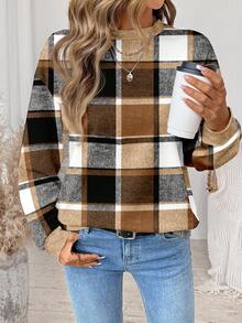 SHEIN LUNE Áo sweatshirt nữ tay dài cổ tròn dáng rộng, ấm áp và thoải mái, họa tiết kẻ caro cổ điển, thích hợp cho mùa Thu/Đông Giáng sinh. - Nhiều màu - Xem 5