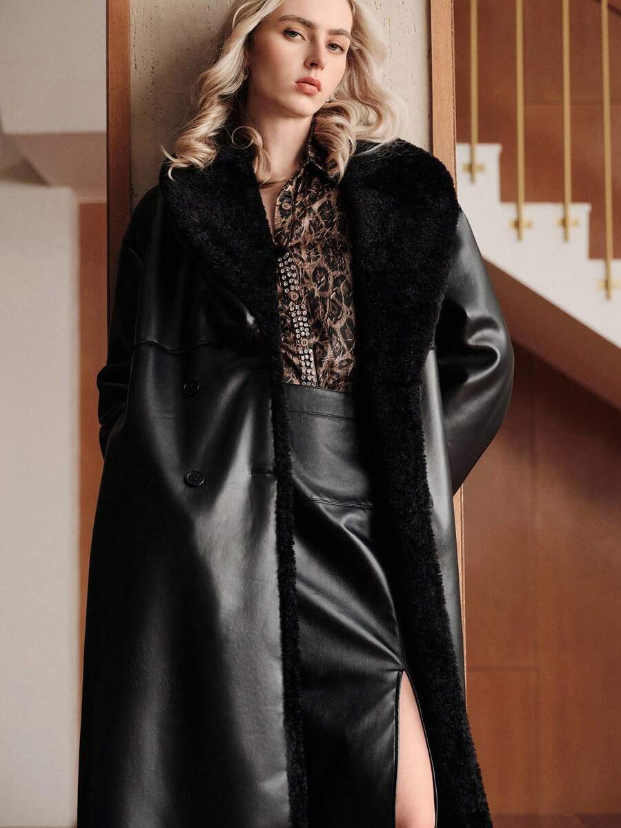 Uhlyne Damjacka PU-komposit lapptäcke vinter fuskpäls krage fickor mode casual gatustil slag fleecekappa - Svart - Visa 1