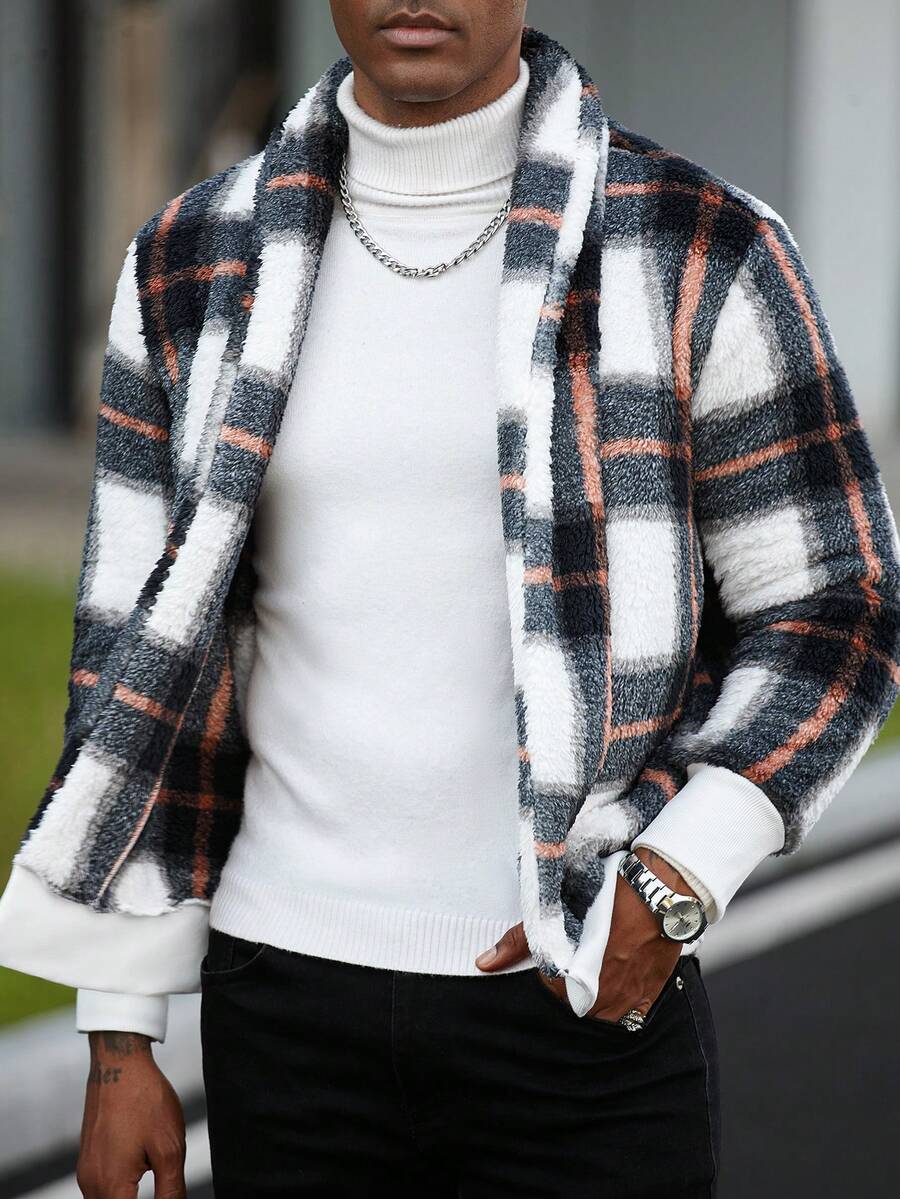 Manfinity Homme Men's Plaid Long Sleeve Fleece Cardigan Jacket, Autumn/Winter Men Knitted Button Up Men Sweater Jacket Men Shacket Fall Clothes For Men Plaid Jacket Men - Multicolor - View 1