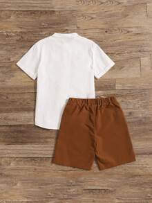 SHEIN Tween Boy Summer Casual Stand Collar Colorblock Button-Up Shirt And Shorts Set - Multicolor - View 2