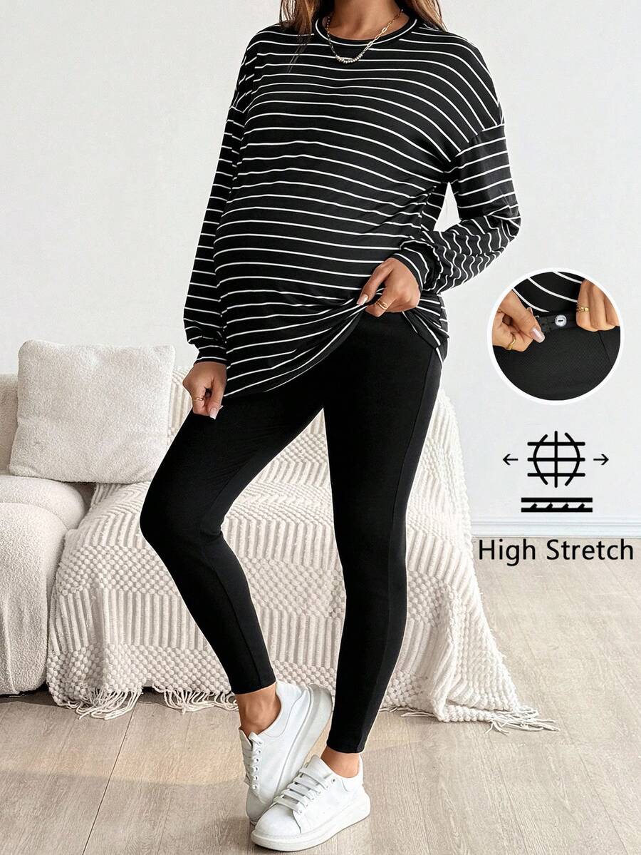 SHEIN 2件套孕妇休闲条纹上衣和紧身裤套装，秋季 - 黑色 - 查看 1