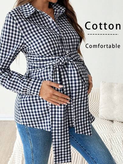 SHEIN Fall Clothes,Autumn Clothes,Maternity Autumn/Winter Clothes Maternity Maternity Casual Plaid Button-Front Long Sleeve Shirt, Autumn Maternity Shirts For Women Pregnancy Clothing Cotton Blouses Cotton Clothing Woman Postpartum Clothes