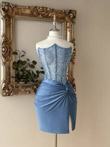 Lovelzi Summer Elegant Romantic Gorgeous Blue Sequin Embroidery Stitching Elastic Knitted Special Collar Herringbone Hip Wrap Twist High Slit Suitable For Dinner Single Party Date Birthday Vacation Back To School Season Graduation Season Afternoon Tea Wedding Event Cocktail Dress, For Valentine's Day - Blue - View 1