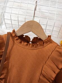 SHEIN Babygirl Cute Casual Collegiate Style Knit Ruffle Trim Long Sleeve Top & Plaid Mini Skirt Set 2pcs Set Toddler Girls Fall Girls Clothes Baby Thanksgiving Dress Brown Toddler Outfit Girl Baby Fall Dress - Brown - View 4
