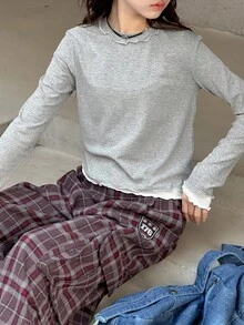 DAZY Teen Girl Basic Layering T-Shirt With Frill Trim Design, Autumn - Grey - View 1