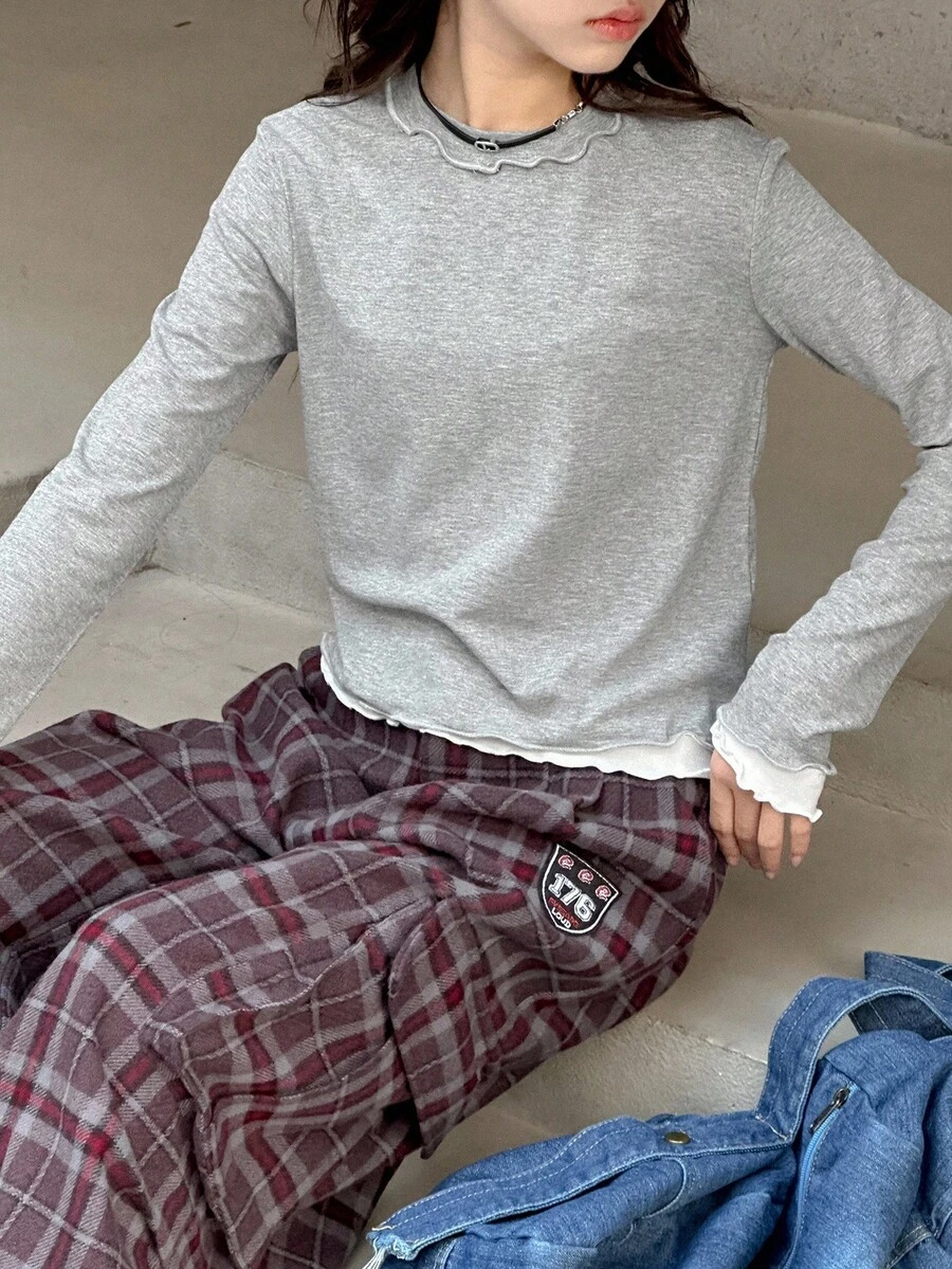 DAZY Teen Girl Basic Layering T-Shirt With Frill Trim Design, Autumn - Grey - View 1