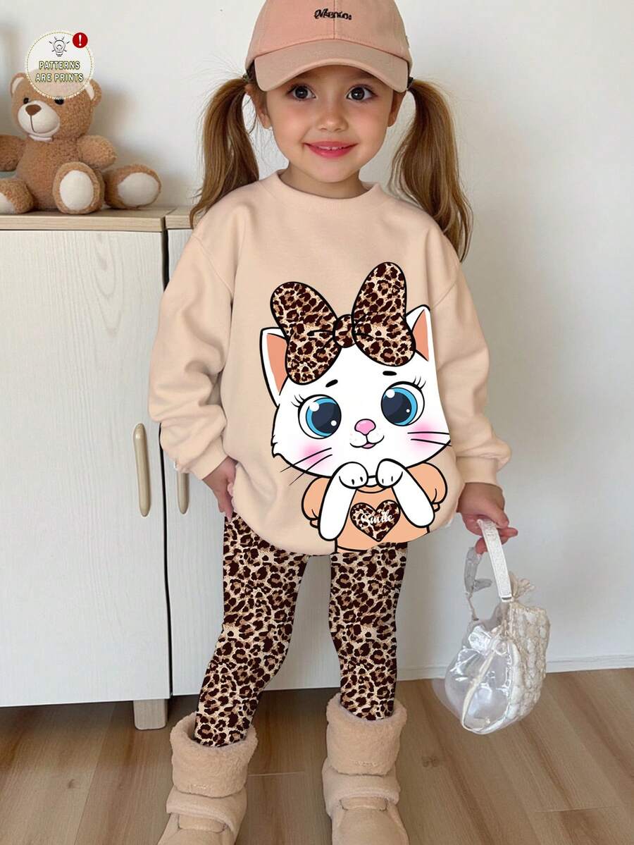 SHEIN 2 件套年轻女孩休闲可爱搞笑卡通猫和复古豹纹图案圆领长袖运动衫和紧身裤，适合秋冬季 - 彩色 - 查看 1