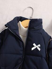 SHEIN Girls' Casual Cute Bow Accent White Striped Loose Fit Sweatshirt, Suitable For Daily Wear In Winter - Navy Blue - View 3