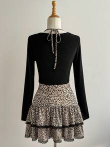 Elamini Bộ đồ hai mảnh họa tiết da báo đen hở lưng, ôm sát, viền xếp nếp, ren, chắp vá, áo crop top cài nút phía trước, thời trang thu đông cho nữ, dự tiệc đi làm, trang phục dạo phố thanh lịch, cổ điển, tốt nghiệp hàng ngày - Nhiều màu - Xem 2