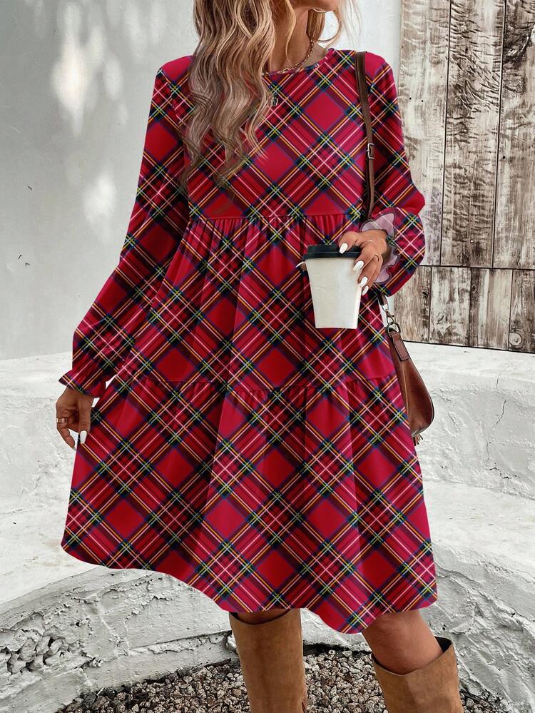 EMERY ROSE Avslappnad minimalistisk julklänning med rött rutmönster och elegant damklänning, medellång, lämplig för höst/vinter, jul, fest, julren, julsammankomst, julfest, familjesammankomst, matchande familj, par, systrar - Röd - Visa 4