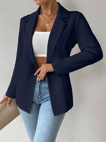 Chiquease 女式纯色缺口领插肩袖时尚腰部修身西装外套 - 藏蓝色 - 查看 1
