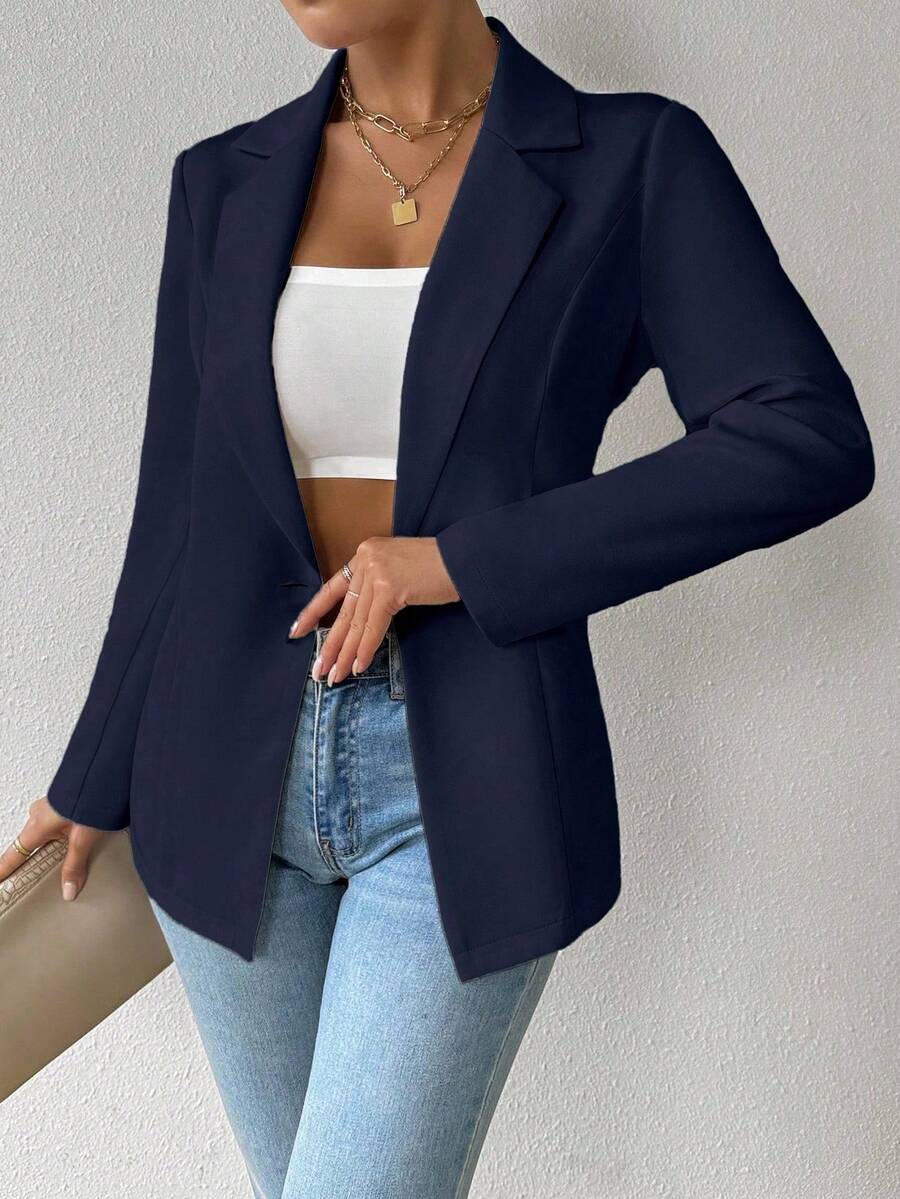 Chiquease 女式纯色缺口领插肩袖时尚腰部修身西装外套 - 藏蓝色 - 查看 1