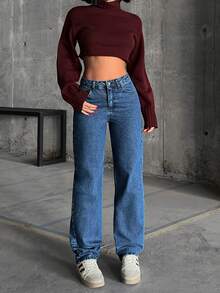 女士休闲原色高腰牛仔裤 - 深色水洗藍 - 查看 4