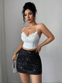 Elenzga 女式黑色底银色波尔卡圆点褶皱紧身裙，弹性面料，优雅性感，适合派对、生日、约会、音乐节、秋季，时尚百搭的紧身迷你裙 - 黑色 - 查看 4