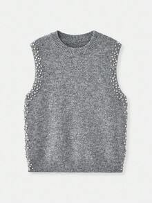 Maija Women's Elegant Gray Sequin Rhinestone Decor Sleeveless Loose Knit Vest Top,Summer Crystal Embellished Sweater Tank Top For Party Brunch,Casual Blouse - Grey - View 8