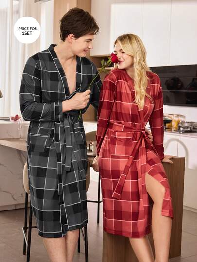 SHEIN Bata de hombre casual y cómoda con estampado de cuadros, para otoño e invierno