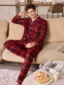 CoupledUp 男士休闲翻领格子印花长袖睡衣套装，秋冬季服装