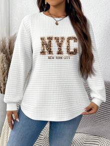 EMERY ROSE Áo nỉ cổ tròn họa tiết da báo NYC kẻ caro và họa tiết kẻ caro thoải mái màu trắng, thường ngày, mùa thu/đông, có đường viền cong và xẻ tà bên hông - Nhiều màu - Xem 6