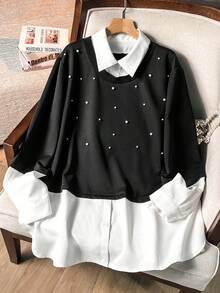 Lacomfia Women's 2 In 1 Long Sleeve Colorblock Pearl Decor Casual Comfortable Minimalist Chic Plus Size Sweatshirt