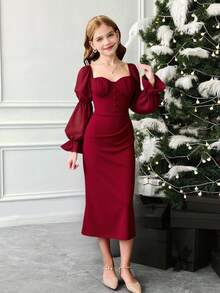 SHEIN Vintage langes Kleid für Kleine Mädchen, Partykleid, Schulanfang, geeignet für elegante Outfits für Tween-Mädchen, Schulanfang, Geburtstagsfest, Abendparty, Aufführung, Hochzeit, Taufe, Eröffnungszeremonie, Schule, Reise, Halloween, Abschlussball, Konzert, Weihnachten - Bordeaux - Übersicht 6