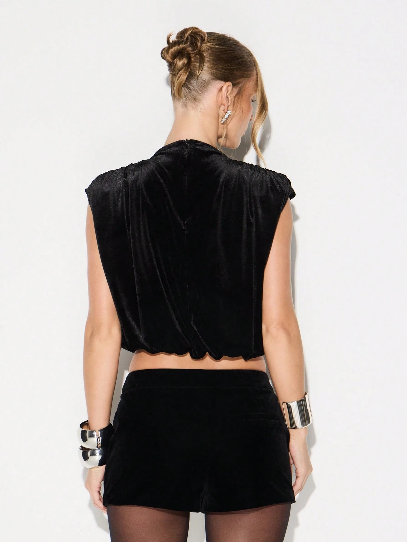 KIZN Velvet Shoulder Pad Crop Top With Ruched Design