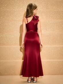 Tween Girls' Elegant Minimalist Fashion One-Shoulder Sleeveless One-Side Asymmetrical Shoulder High-Waist Long Slit Design Solid Satin Glossy Material High-End Bow Decor Graduation/Prom Dress, Burgundy, Suitable For Birthday, Christmas, Halloween - Burgundy - View 2