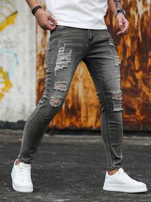 Manfinity LEGND Herren Lässig Mode Destroyed Skinny Jeans Slim Fit Lange Jeans Graue Herren Jeans Herren Zerrissene Jeans