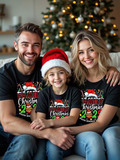 SHEIN Merry Christmas Young Boys Christmas Outfit, Fashionable & Cute Reindeer, Plaid, Bow, Christmas Tree, Santa Claus Graphic Print Basic Short Sleeve T-Shirt, Suitable For Christmas Party