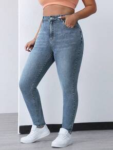 SHEIN EZwear 帶口袋大碼純色緊身休閒牛仔褲 - 中等水洗藍 - 查看 4