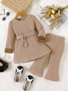 SHEIN Playful Pals 2 件女婴优雅复古时尚毛绒罗纹双面羊毛材质卡其色长袖圆领松紧腰裤套装 + 腰带，秋冬 - 咖啡棕 - 查看 1