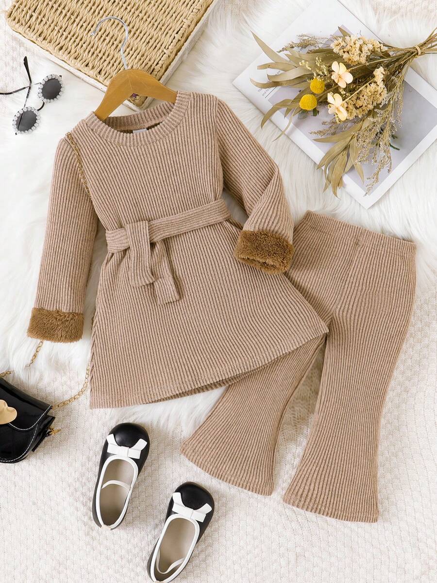SHEIN Playful Pals 2 件女婴优雅复古时尚毛绒罗纹双面羊毛材质卡其色长袖圆领松紧腰裤套装 + 腰带，秋冬 - 咖啡棕 - 查看 1