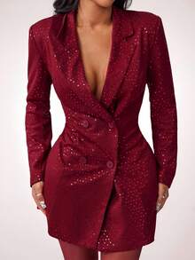 Radiana Fall/Winter Women's Sexy Elegant Metallic Sequin Fitted Long Blazer Jacket, Waist Cinched Suit Dress Suitable For Dates, Gatherings, Parties, New Year, Christmas, Banquets, Formal Occasions, Slimming Waist, Flattering Silhouette Red Blazer Dress Red Sequin Dress Red Sparkly Dress Red Outfits